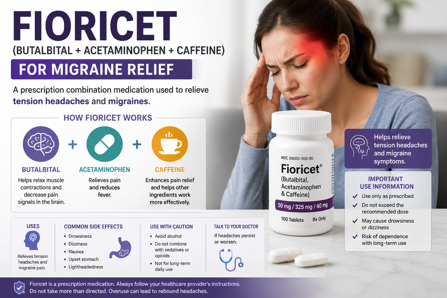Fioricet (butalbital + acetaminophen + caffeine) for migraine relief