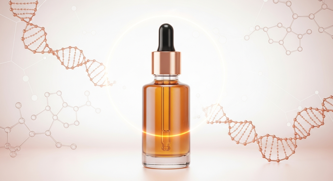 Copper peptide GHK-Cu glow serum dropper bottle with molecular chains on a soft blush background