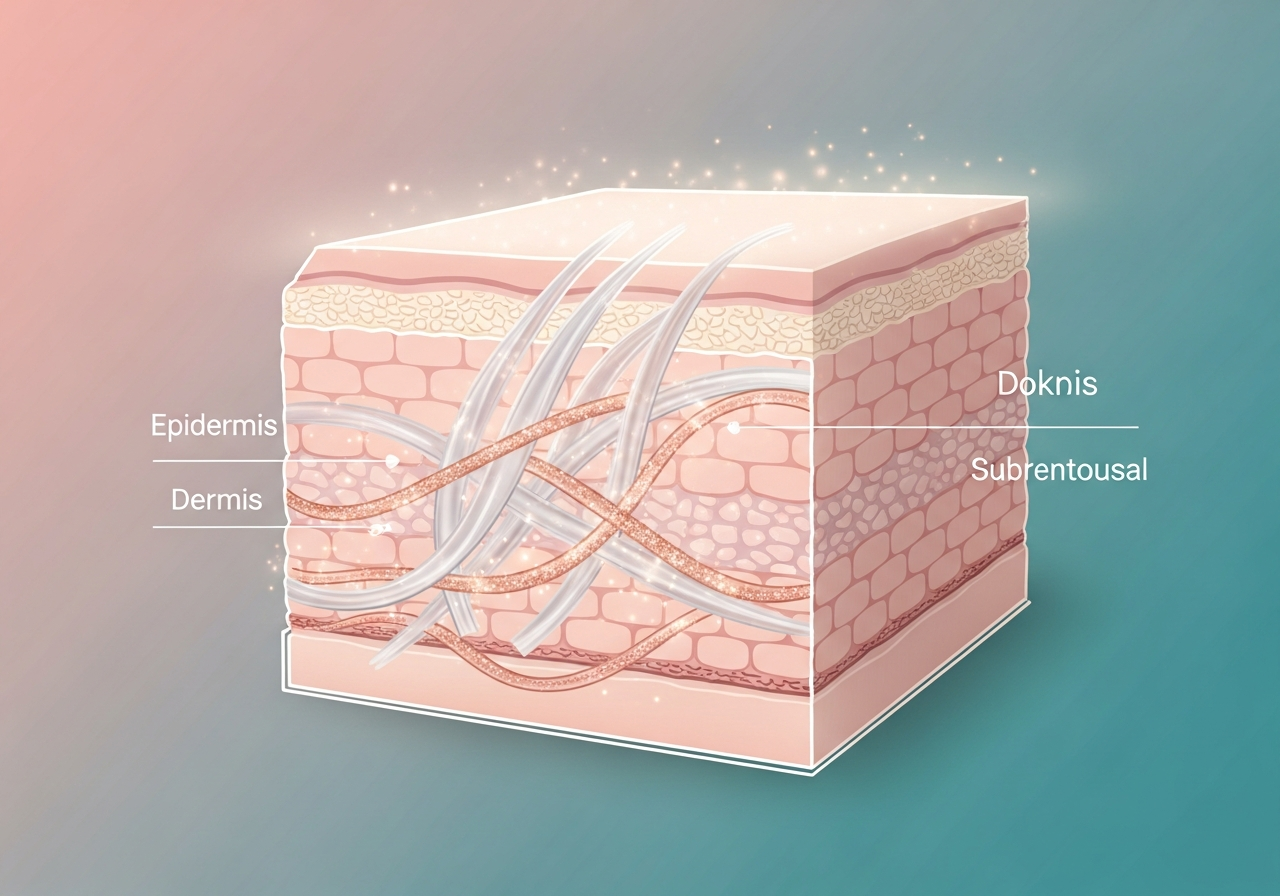 Conceptual illustration of skin layers with collagen fibers and a copper shimmer representing skin renewal