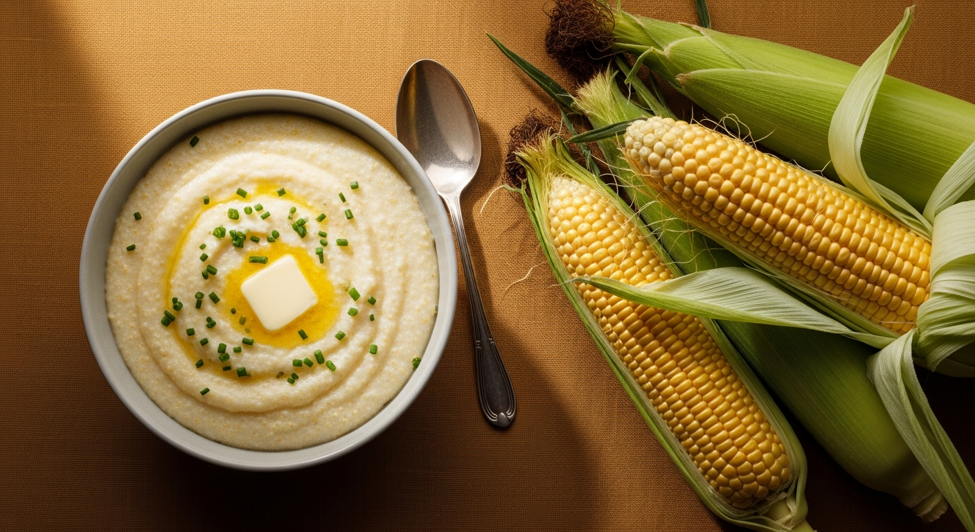 A bowl of stone-ground grits next to fresh corn cobs