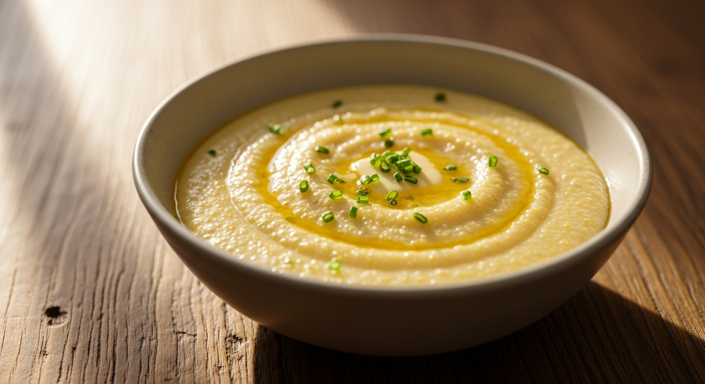 A warm bowl of creamy southern grits on a rustic wooden table