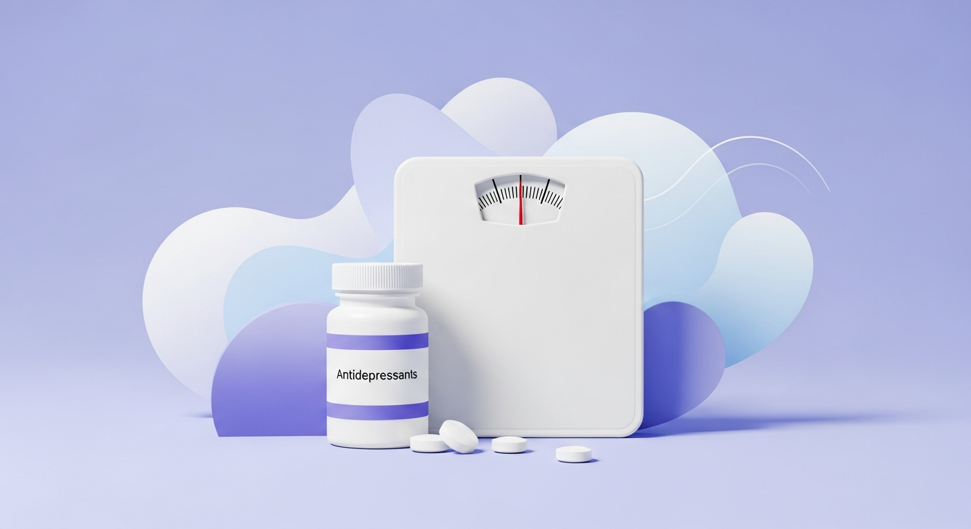 A pill bottle and a bathroom scale on a calm periwinkle background representing Lexapro and weight