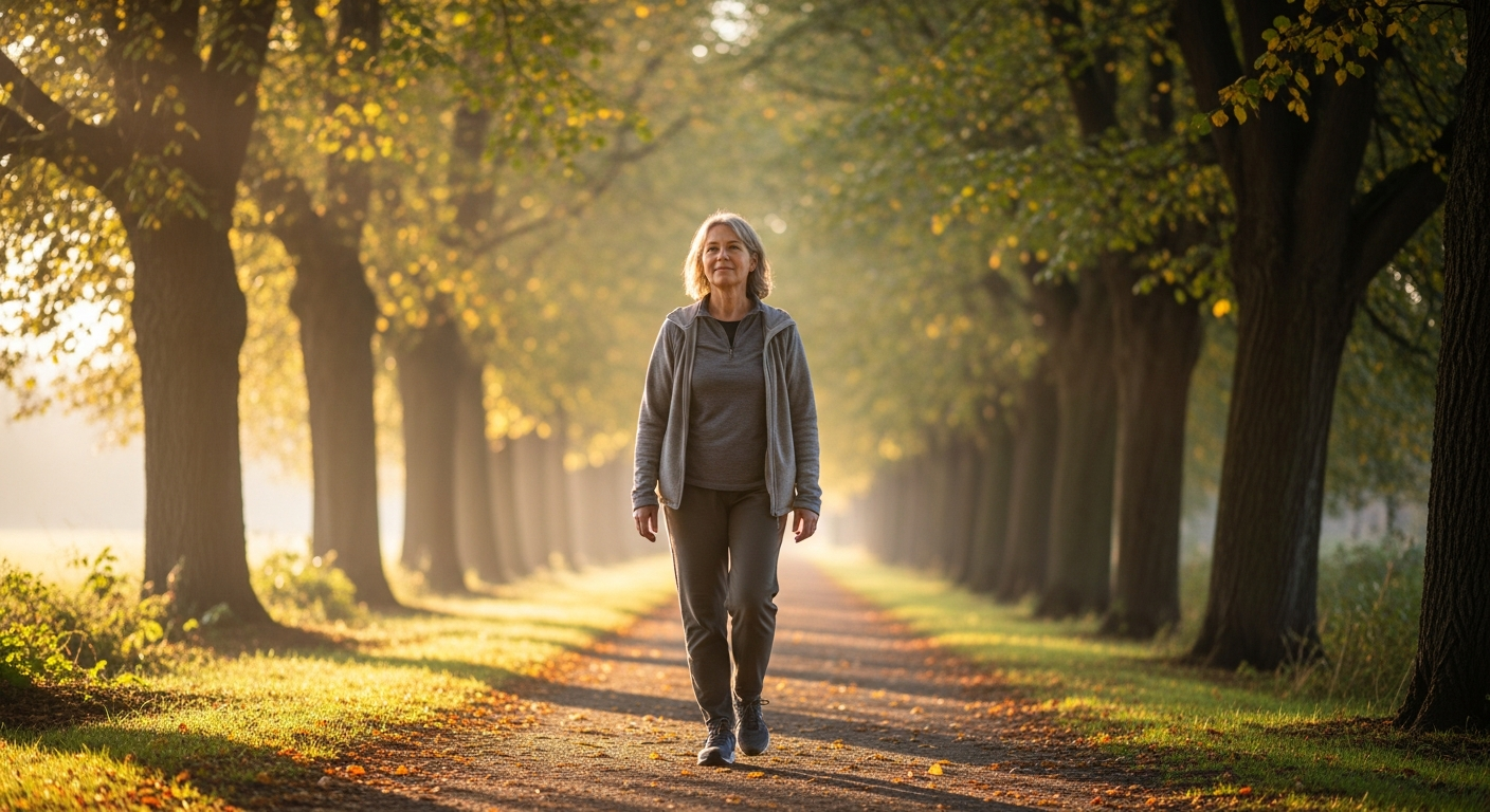 A calm person walking outdoors on a tree-lined path representing a healthy balanced lifestyle