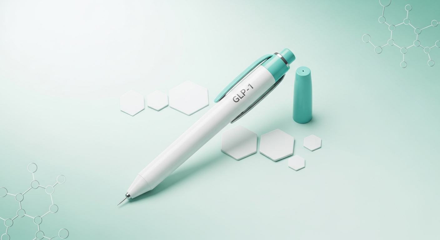 Illustration of a tirzepatide-style injection pen on a soft mint background representing low-dose or microdose use