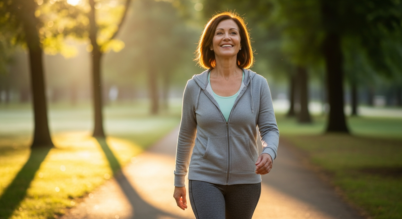 A healthy person walking outdoors, representing weight management and overall wellness