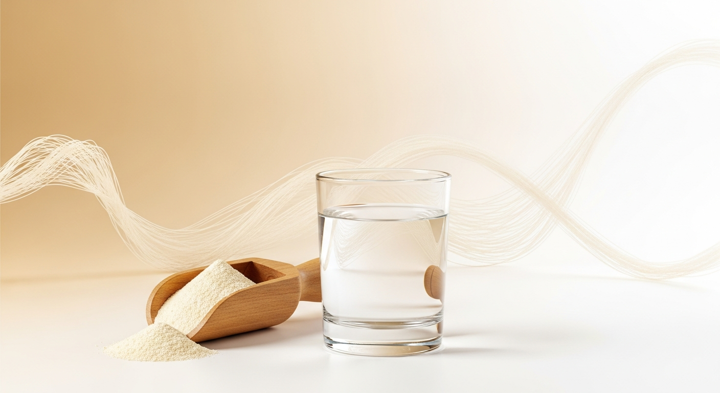 Wooden scoop of multi collagen peptide powder beside a glass of water and soft collagen fiber strands