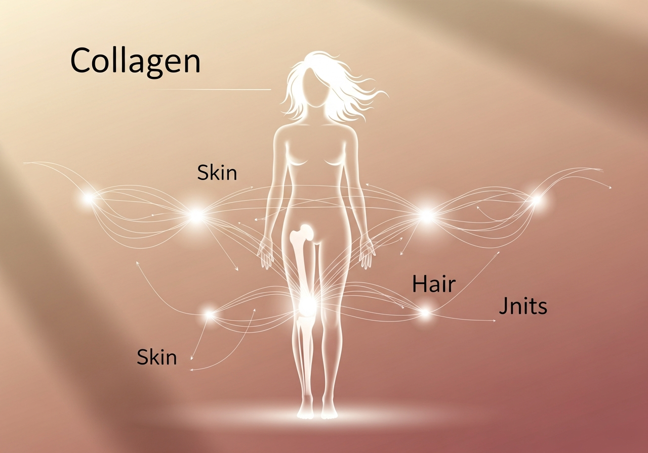 Illustration of collagen supporting skin, hair, and joints with soft fiber strands