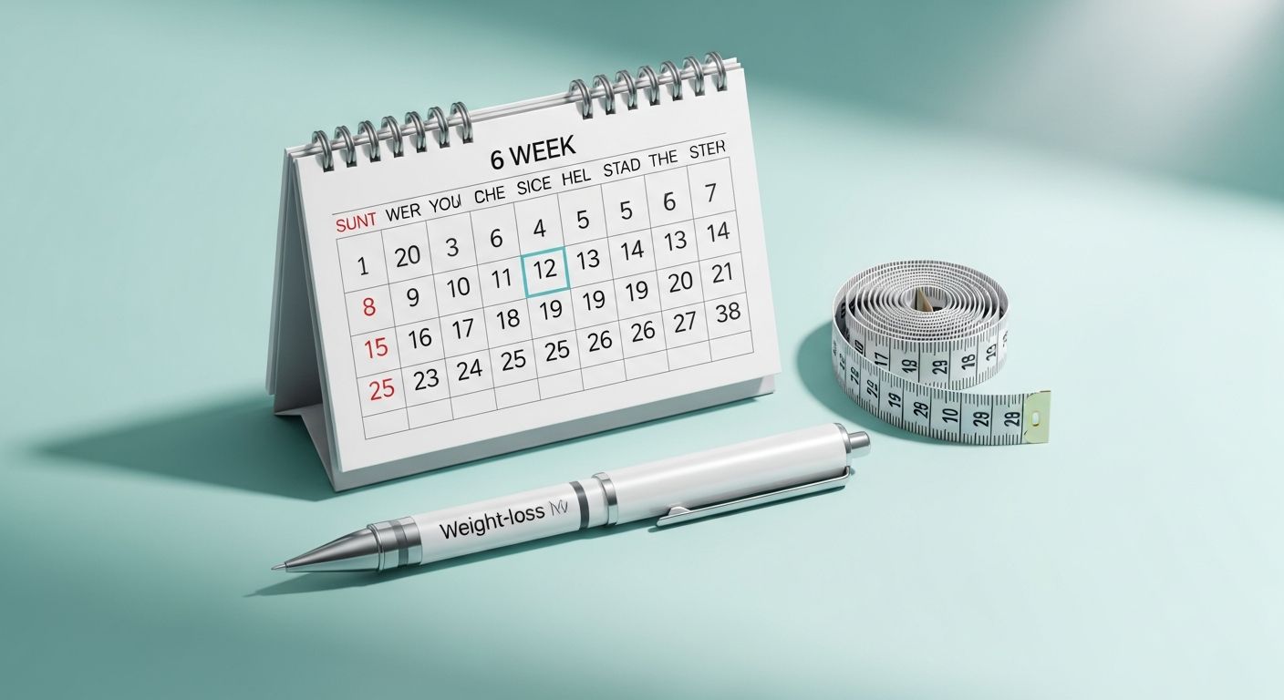 An injection pen, a six-week calendar, and a measuring tape representing an Ozempic plan