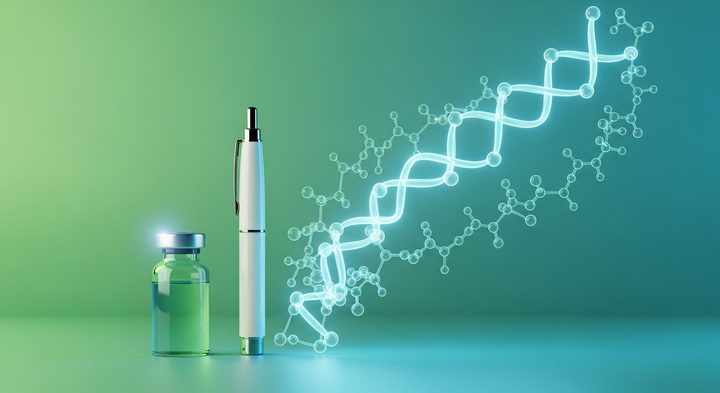Peptide vial and pen beside glowing molecular chains representing tissue repair and recovery