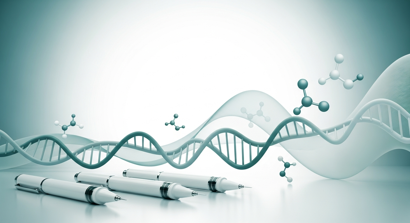 Illustration of injection pens and peptide molecular chains representing peptides used for weight loss