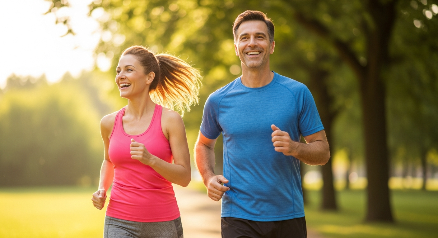 A healthy couple jogging outdoors, representing weight management through medication plus healthy habits