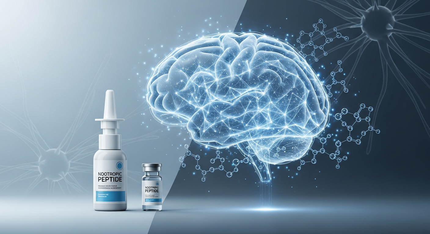 Semax nootropic peptide nasal spray and vial beside a glowing brain made of neural connections