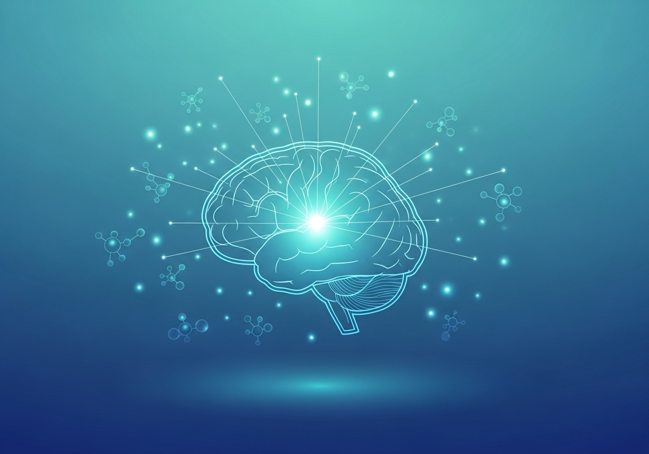 Conceptual illustration of mental focus and clarity with a glowing brain and molecular dots
