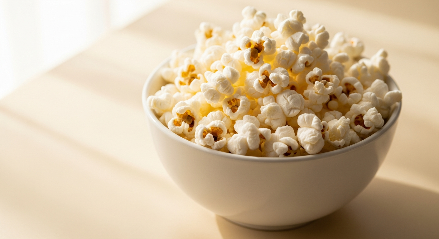 A white bowl of light, fluffy popcorn on a warm cream background