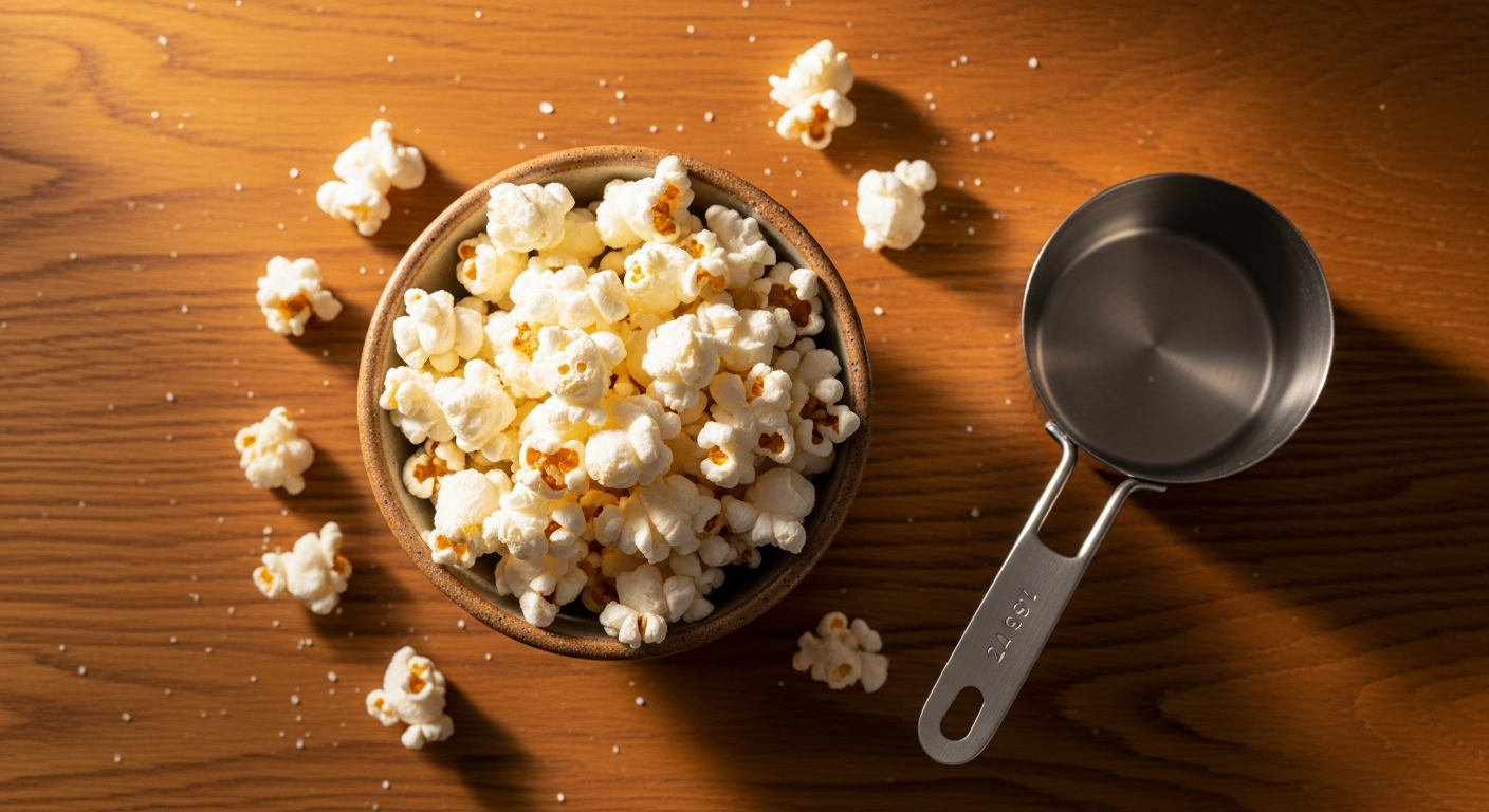 Popcorn in a small bowl beside a measuring cup, showing a single portion