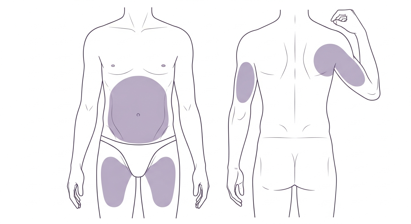 Illustration of a body showing safe subcutaneous injection zones on the abdomen, thigh, and upper arm