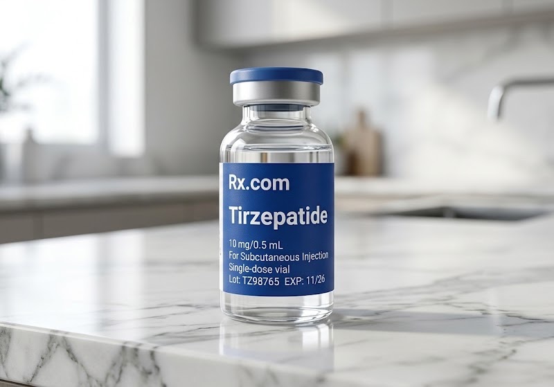 Vial of compounded tirzepatide with an Rx.com label