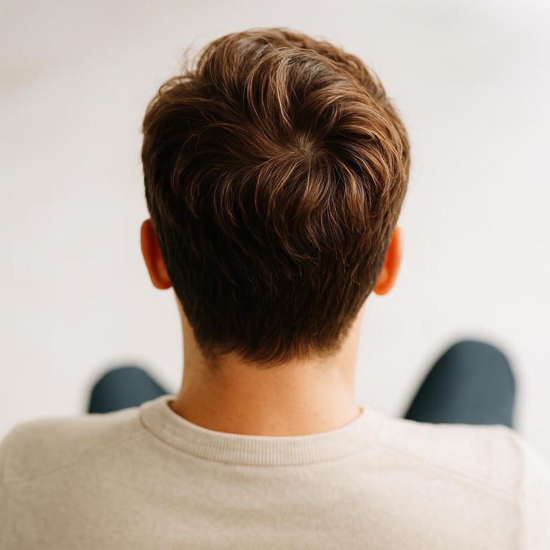 Top-down view of a full head of hair at the crown