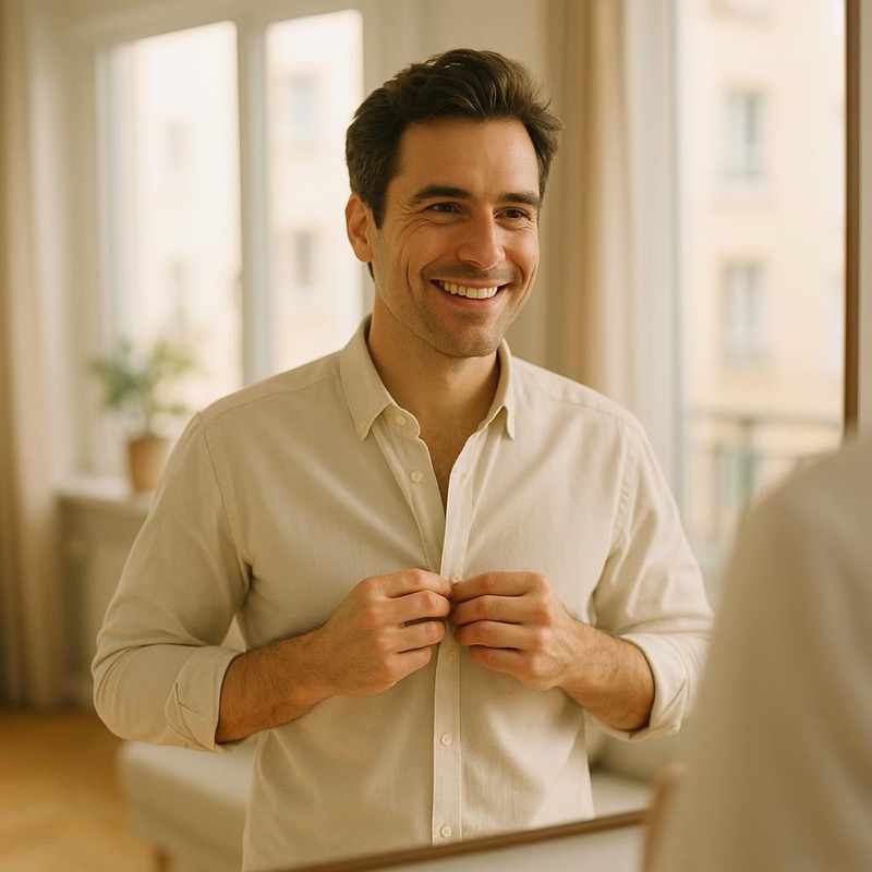 Man with full hair smiling while getting ready in the morning