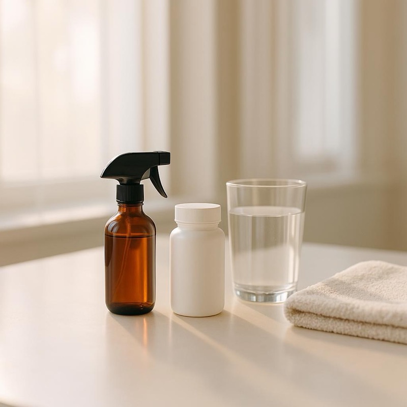 Bathroom counter with a pill bottle and a glass of water