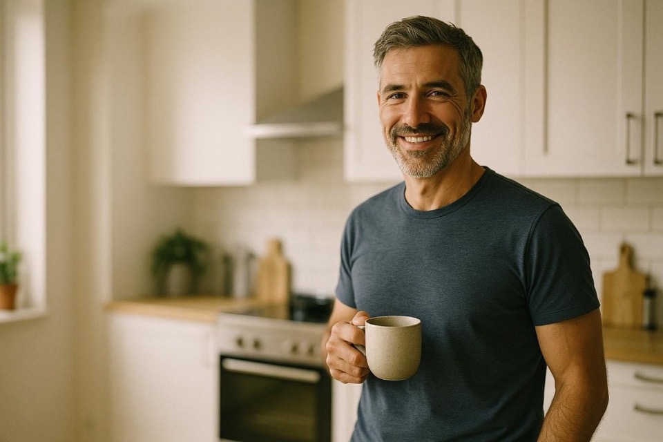 Smiling middle-aged man holding a coffee mug in his kitchen