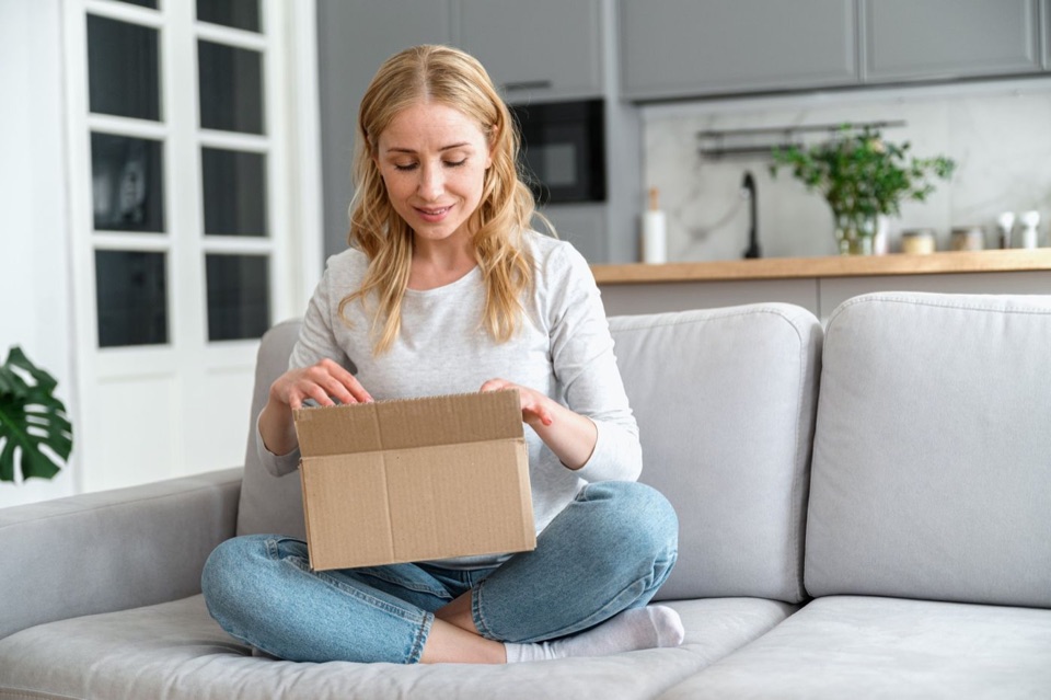 Woman opening a small delivery box on her sofa