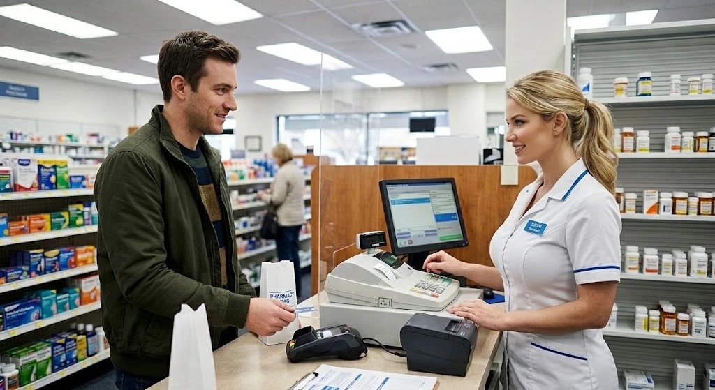 Pharmacist helping a male customer at the pharmacy counter