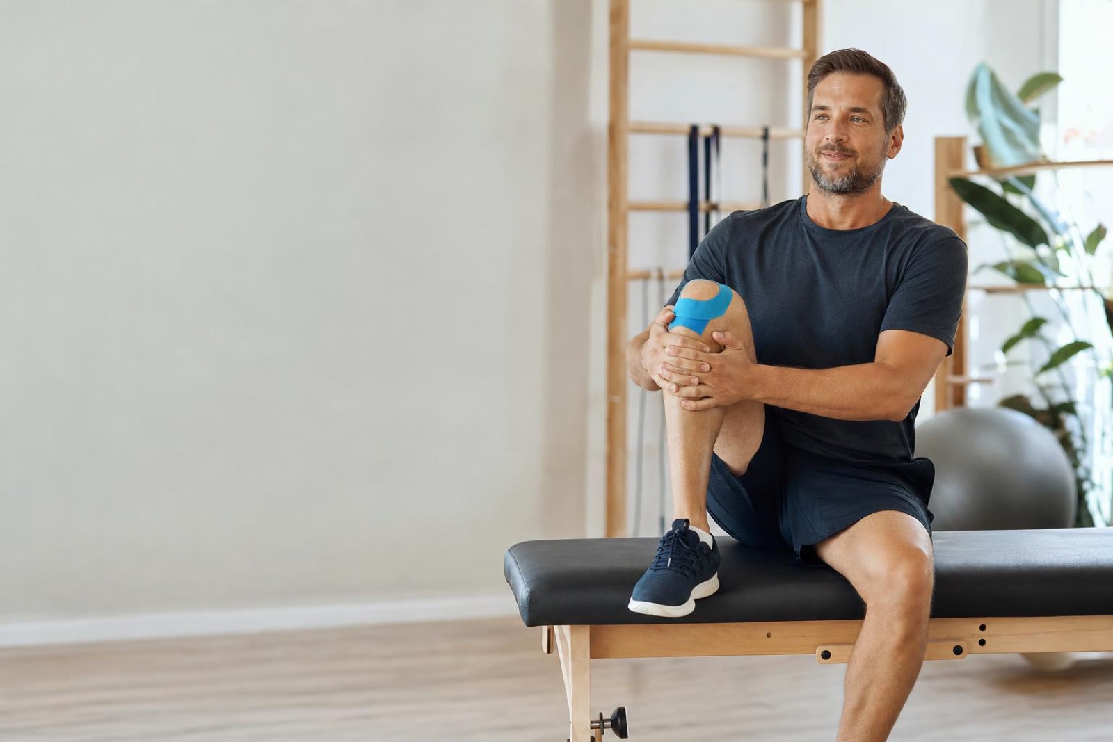 Fit man in his late 30s stretching his shoulder outdoors after a run