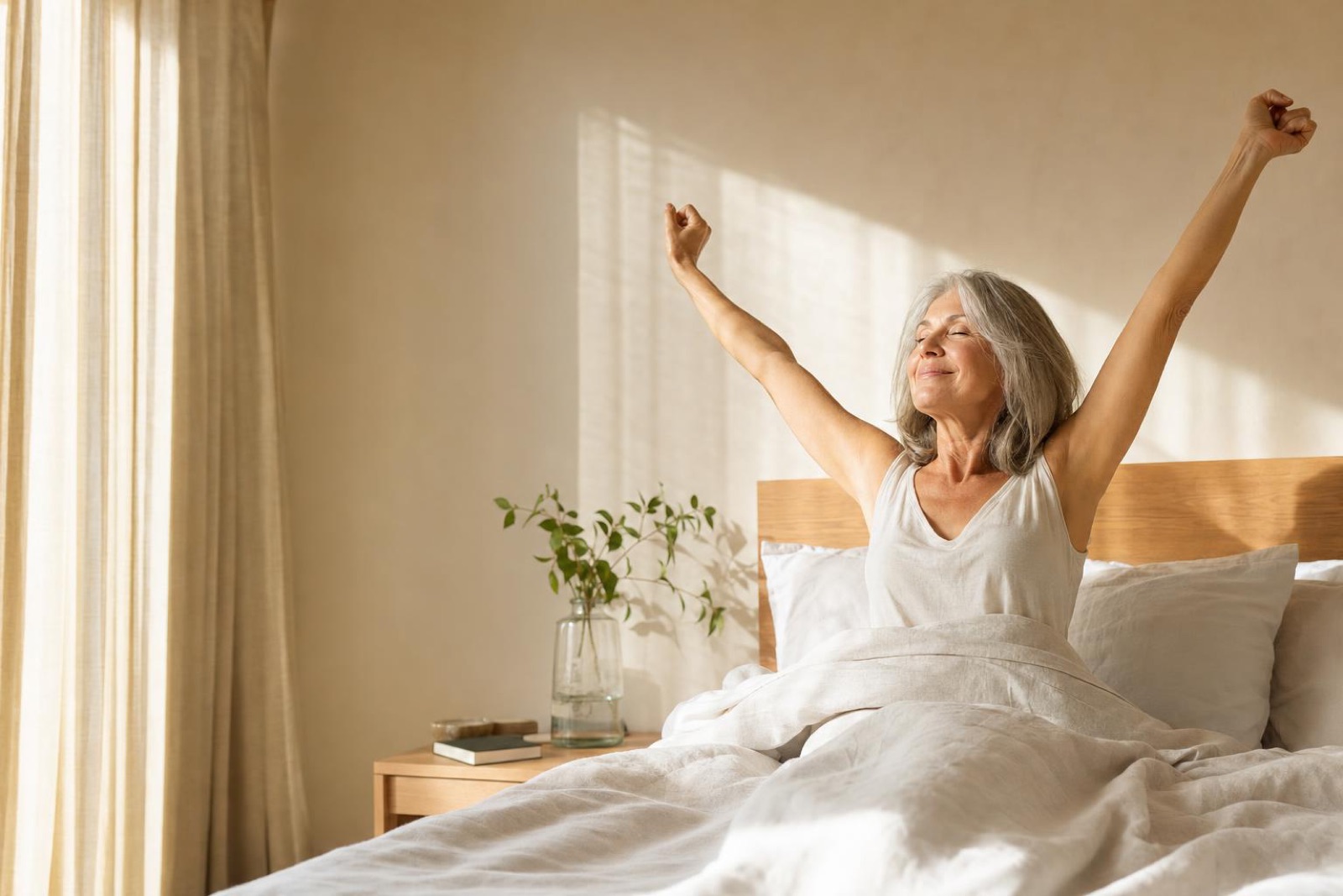 Woman in her 50s waking up rested in a bright bedroom