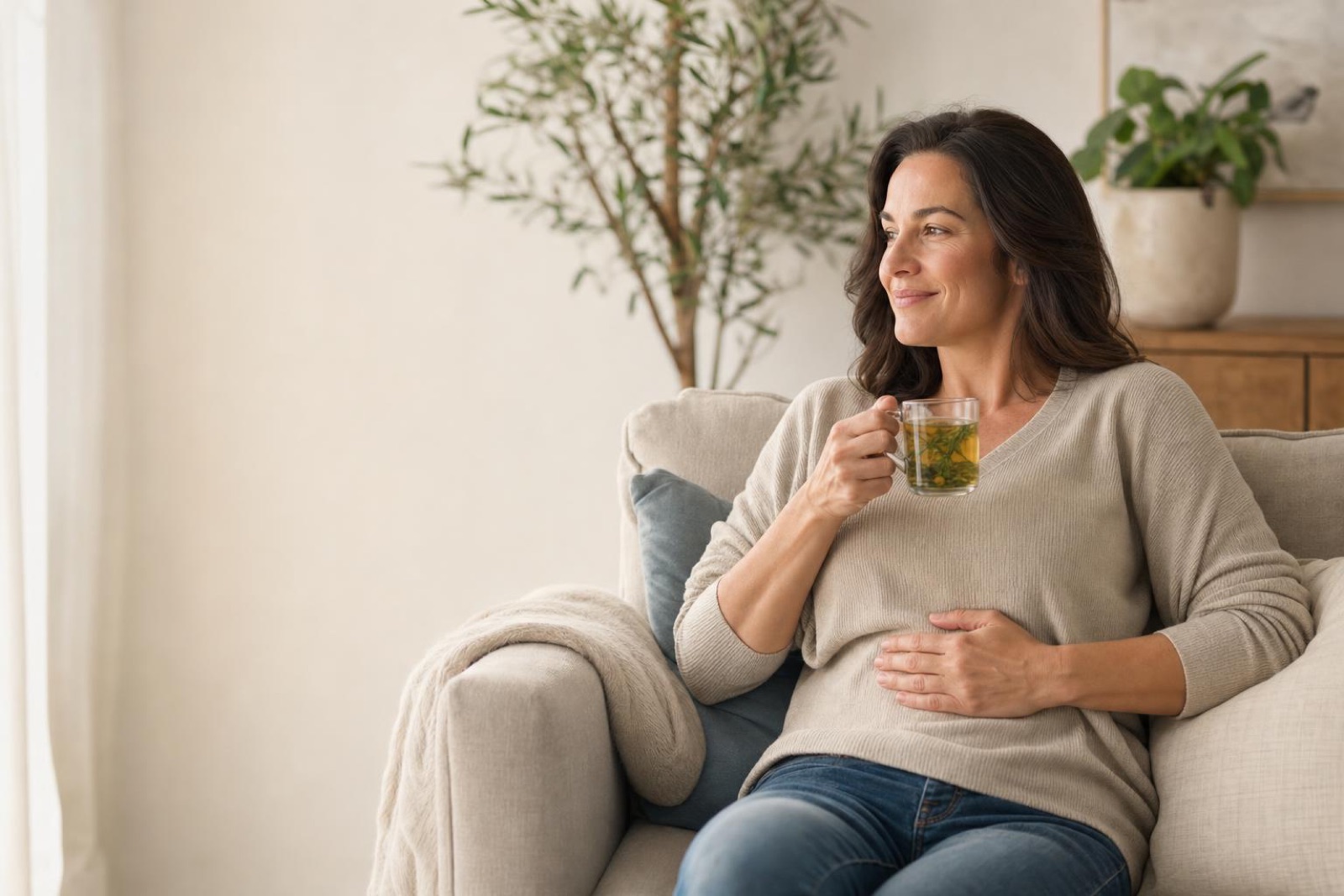 Woman in her 40s smiling while preparing a healthy breakfast