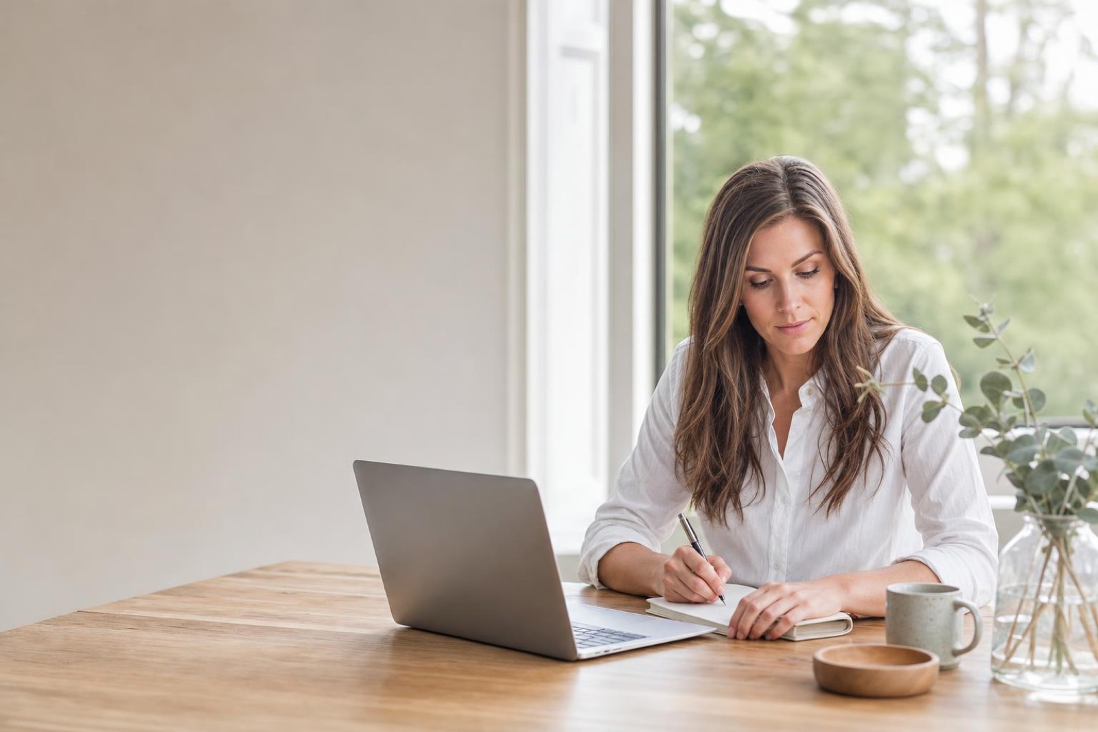 Focused man working calmly at a laptop by a large window