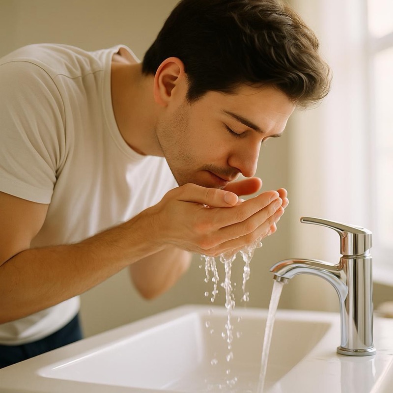 Young man washing his face at a bathroom sink