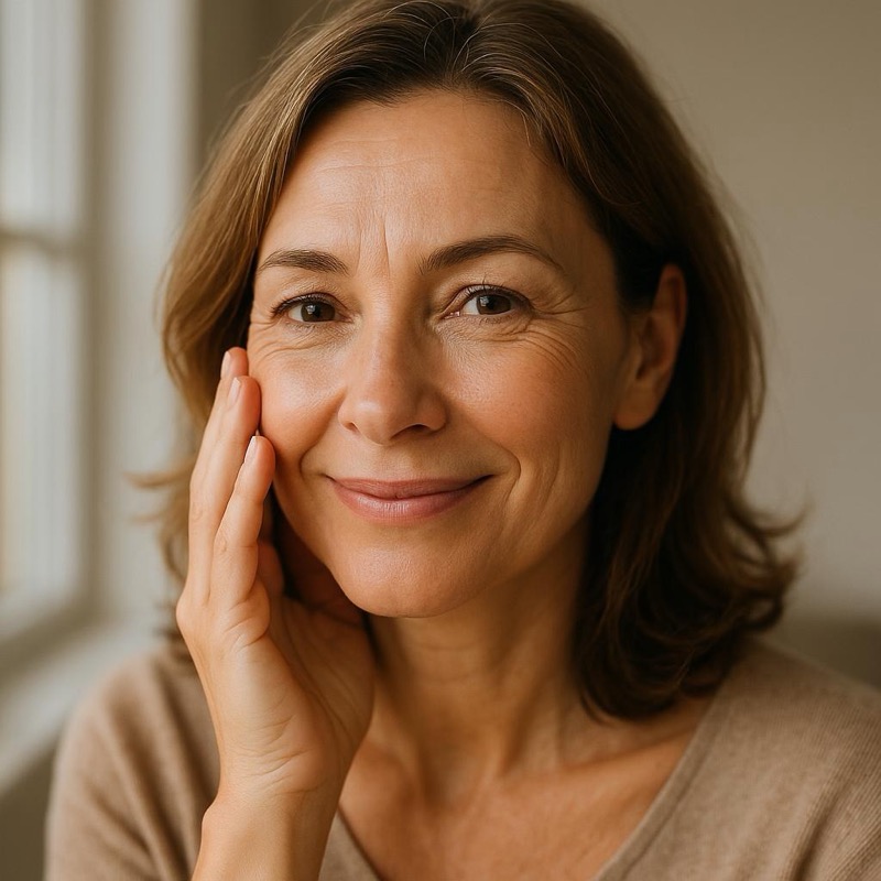 Woman in her late 40s with healthy skin smiling softly