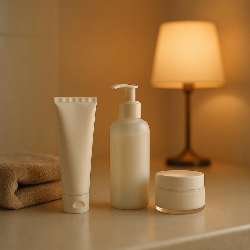 Evening bathroom counter with a cream tube, cleanser and moisturizer